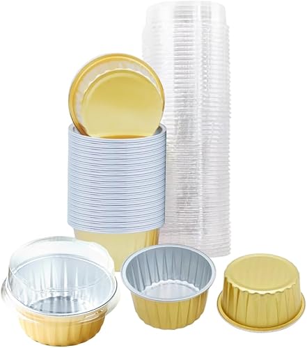 Lolifun Tazas para hornear de papel de aluminio con tapas, tazas de postre de 5 onzas, forros para magdalenas, mini moldes de aluminio para hornear,