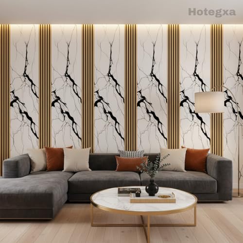 Image of Hotegxa White Marble Wooden Louvers Wallpaper for Walls | Self Adhesive Waterproof PVC Wall Sticker | Peel & Stick TV Unit Background Wallpaper for Living Room, Bedroom & Office (45 x 300 CM)