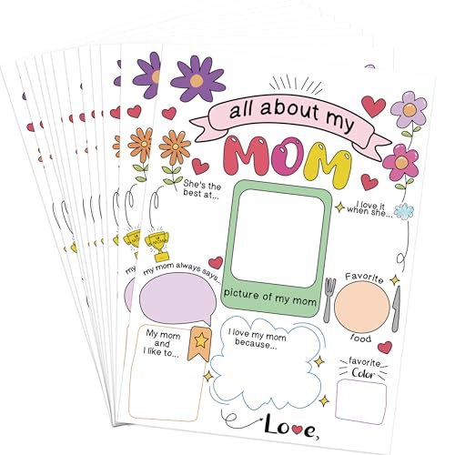 OXEDP All About My Mom Fill In The Blank Cards-25 Pack Mother's Day Card, Mothers Day Gift From Son/Daughter, Mother's Day Questionnaire Activity Classroom & Family Keepsake-AABM01