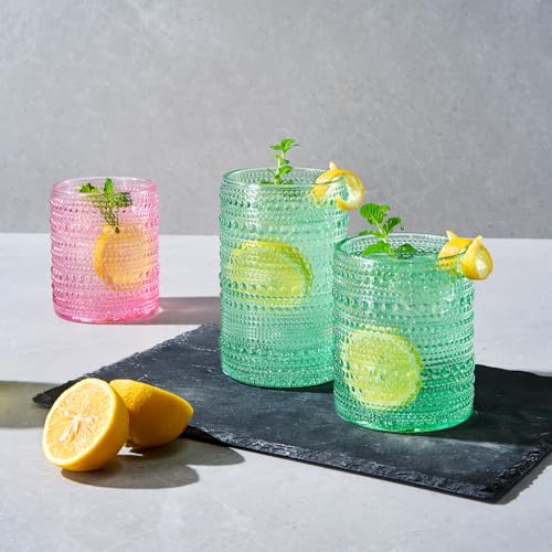 Image of Khen Hobnail Beaded Highball Drinking Tumbler Glasses | Set of 12 | Color, Vintage Bubble Design Whiskey Glassware, Old-Fashioned, Embossed Design for Water, Wine, Cocktail Embossed, Rocks Glass