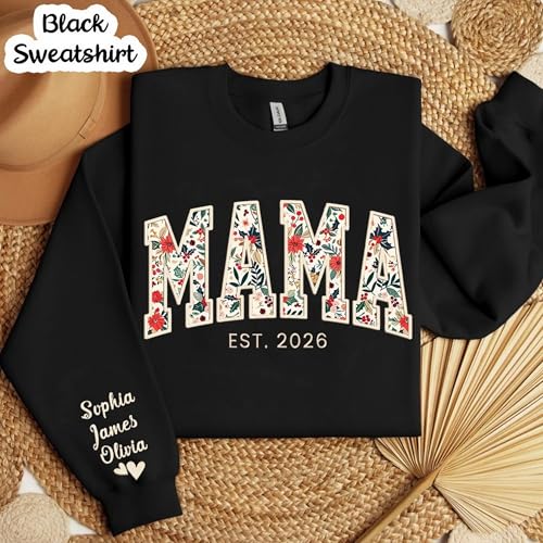 NAZENTI Custom Embroidered Mama Floral Shirt with Name on Sleeve, Personalized Floral Mama Crewneck Sweatshirt, Perfect Birthday, Shirt for Women