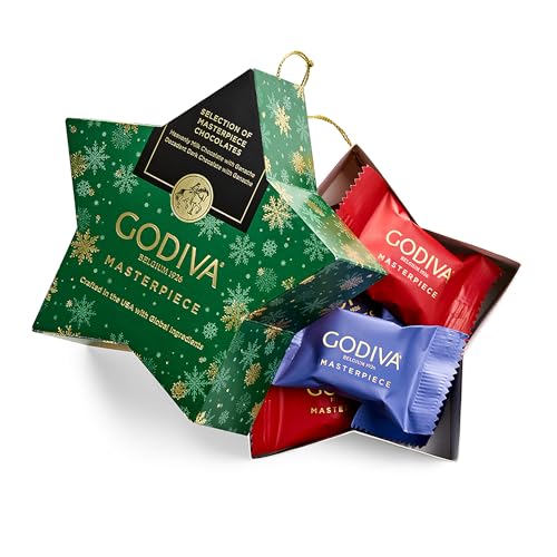 Godiva Holiday Masterpiece Star Ornament, Milk & Dark Chocolates with Ganache, Green and Gold Snowflake Design, Kosher & Halal, 7 Pc