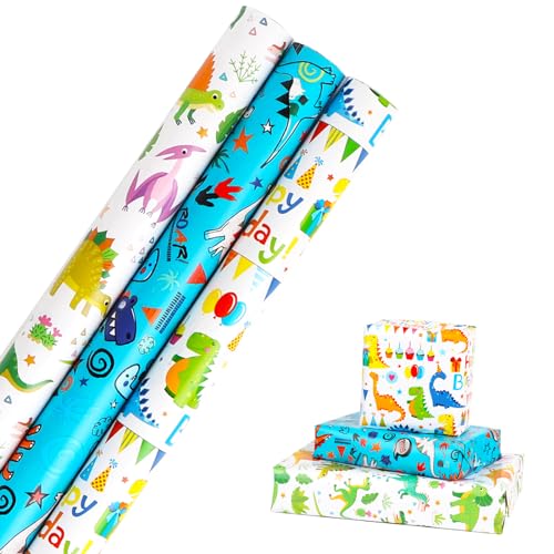 Dinosaur Wrapping Paper Roll 3 Rolls 43cmx3M Gift Wrapping Paper Dinosaur Birthday Wrapping Paper for Kids Boys Girls Birthday Party Baby Shower Christmas Holiday