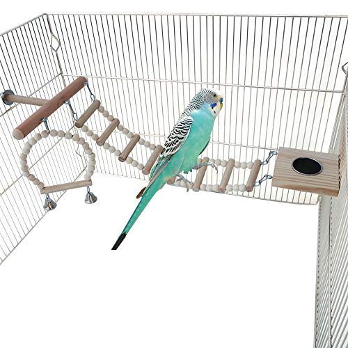 ZARYIEEO Bird Perches Cage Toys 4Pcs Set, Bird Cage Chewing Toys with Feeding Cups, Ladders, and Swings, Bird Wooden Play Gyms Stands for Green Cheeks, Parrots, Baby Lovebird, Dwarf Chinchilla