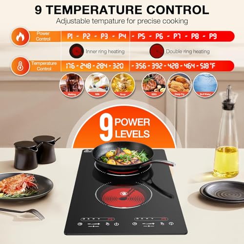 VBGK Electric Cooktop,110V 2100W 2 Burner Electric Cooktop,Countertop and Built-in Stove top with 9 Power Levels,Child Safety Lock, Timer, LED touch control,Overheat Protection by VBGK - Image 7