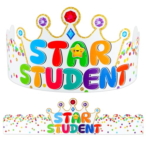 D4DREAM Star Student Paper Crowns - 24pcs Adjustable Star of The Week Paper Hats for Kids Student of the Week or Month Crowns for Kindergarten Classroom Teachers Rewards Back to School Supplies