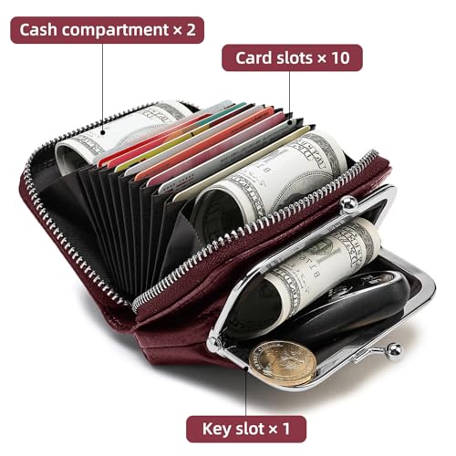 Detachable 2 in 1 Genuine Leather Wallet for Women Credit Card Holder with Zipper Coin Purse (Wine Red)4