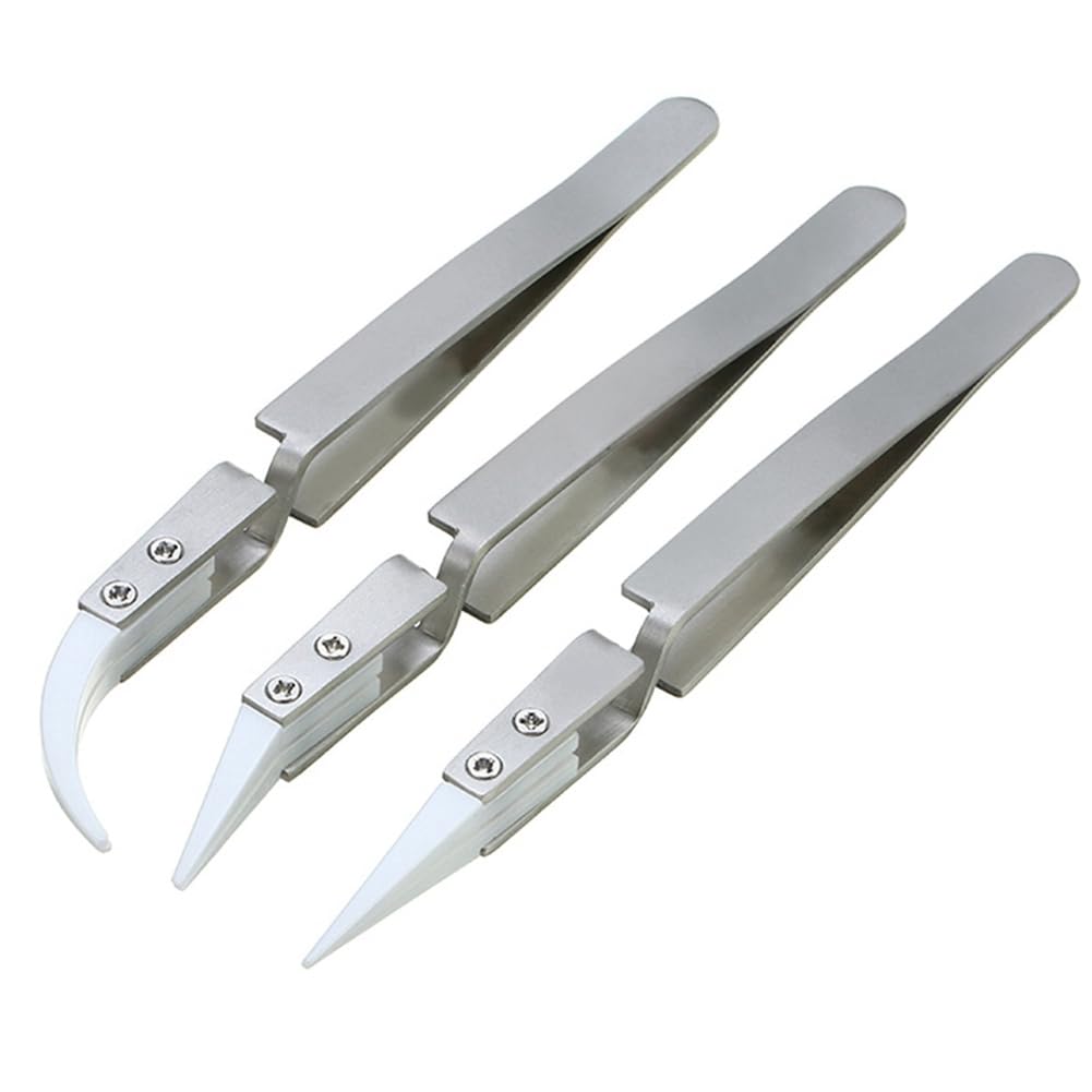 Littimoon 3 PCS Reverse Tweezers Ceramic Tweezers Set Silver High-Temperature Non-Conductive