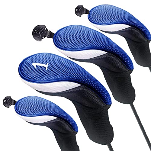 FINGER TEN Golf Club Head Covers for Woods Long Cover Driver Hybrid Fairway, Headcovers with Interchangeable No. Tag Novelty Durable Fit Woods Clubs (Blue-4 pack (1 Driver& 1 Fairway&2 Hybrid))