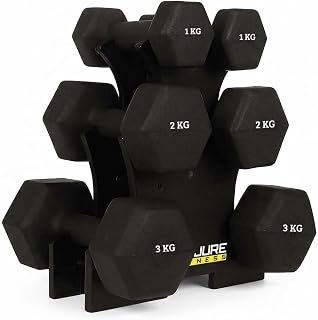 De Jure Fitness Dumbbell Set with Rack – 1kg, 2kg & 3kg PVC Dumbbells (3 Pairs) with Compact Stand | Home Gym Weights for Strength Training, Exercise & Space-Saving Storage