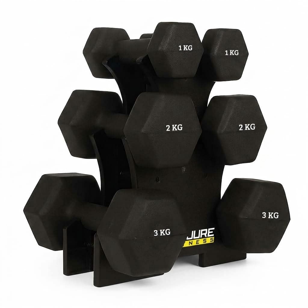 De Jure Fitness Dumbbell Set with Rack – 1kg, 2kg & 3kg PVC Dumbbells (3 Pairs) with Compact Stand | Home Gym Weights for Strength Training, Exercise & Space-Saving Storage-picture-11