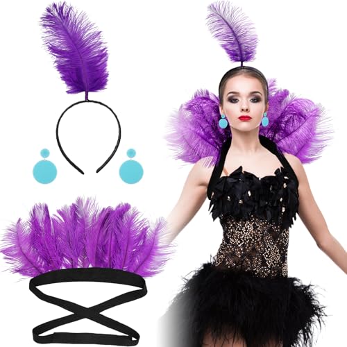 Shihanee 3 Pieces Villain Costume for Women with Purple Feather Collar Blue Earrings Purple Feather Headband for Halloween Woman Costume