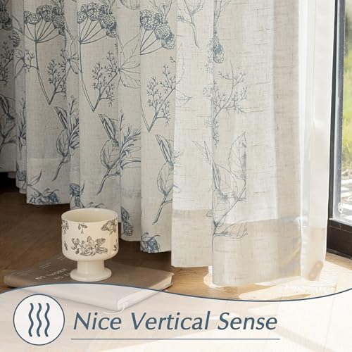 Image of FMFUNCTEX Linen Curtains Floral Patterned Curtains for Bedroom Living Room, Blue Curtain 96 Inches Long Farmhouse, Light Filtering Beige Window Curtain Grommet Top 2 Panels Set