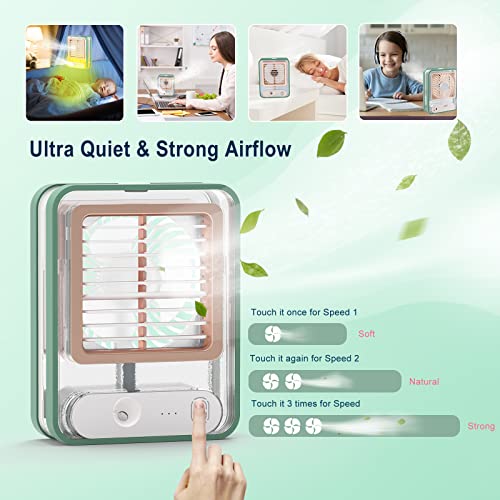 Small Desk Fan With Mist Spray,Led Night Light,Electric Battery Operated Water Misting Fan,Usb Rechargeable Portable Quiet Mini Desktop Table Cooling Fan For Office,Camping,Indoor,Outdoor (Green) #TOP2