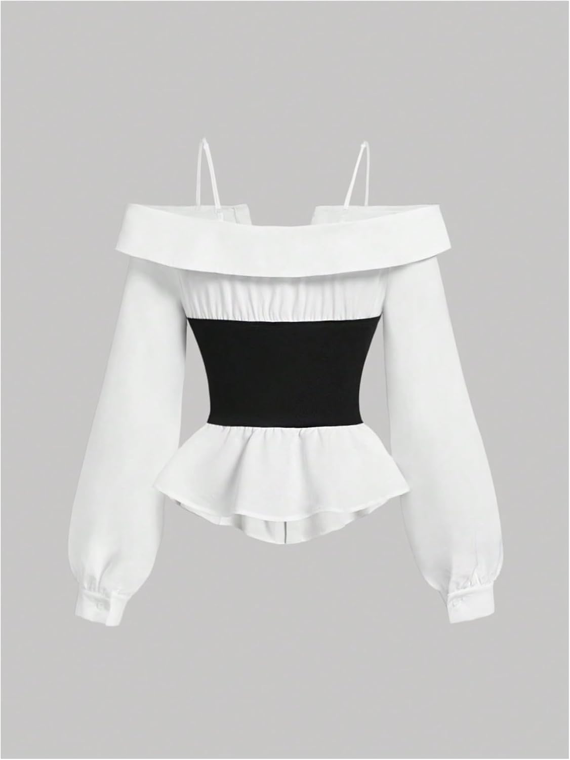 SweatyRocks Women's Off The Cold Shoulder Long Sleeve Fitted Ruffle Blouse Peplum Shirt Color Block Corset Crop Top - Image 2