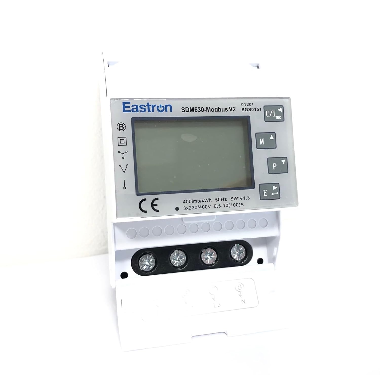 Depan view of the Eastron SDM630 Modbus V2 energy meter with the terminal cover open, revealing the wiring terminals.