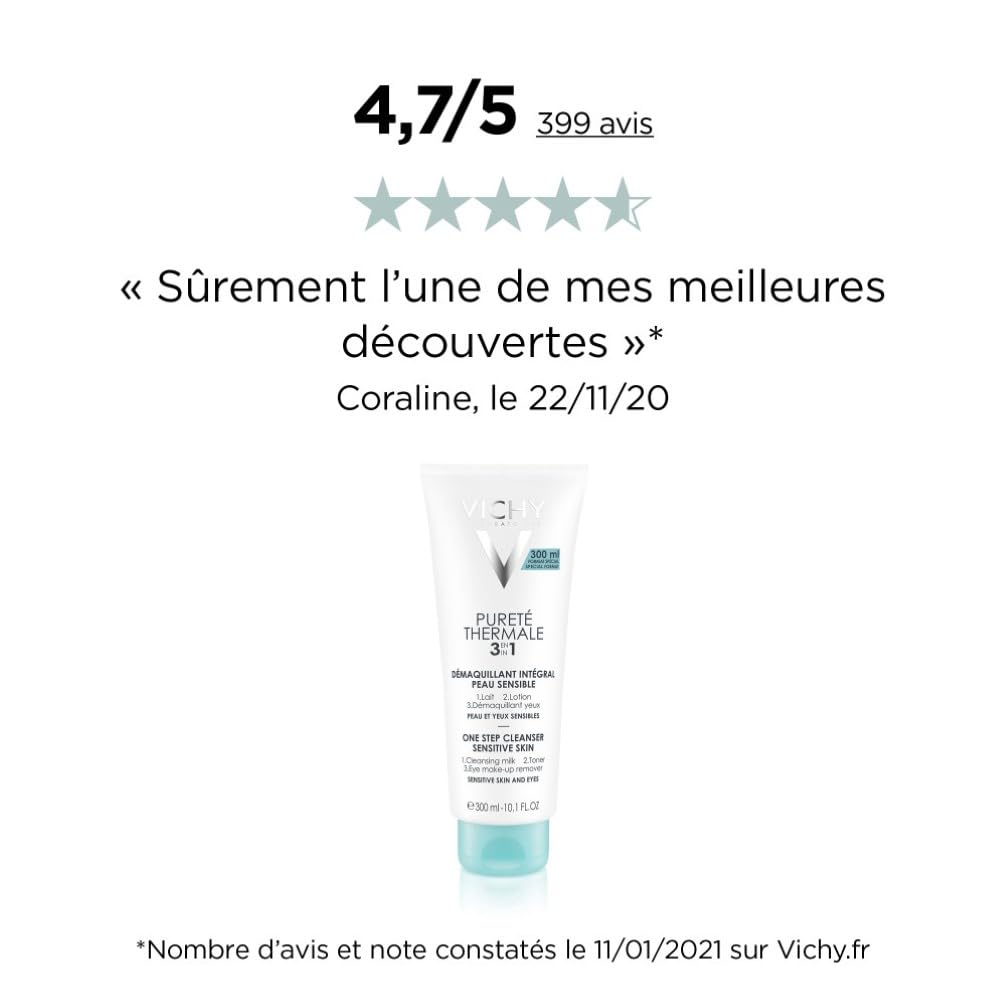 Vichy, Pureté Thermale, Démaquillant Intégral, Utilisation 3-En-1 Lait Lotion et Démaquillant, Nettoie et Purifie, Adapté aux Peaux et Yeux Sensibles, Glycérine, 300 ml