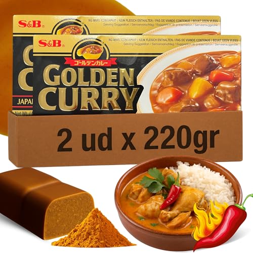 Curry Japones en Pastilla, Pastillas de Golden Curry, Pasta curry japonés Picante, Elaborado con 35 especias diferentes, Apto para elaborar unas 12 raciones, Picante, Contiene 440 gr