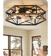23" Farmhouse Flush Mount Ceiling Fan with Lights and Remote, Caged Low Profile Fandelier, 6 Ligh...