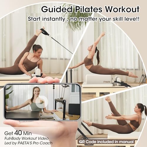 Pilates Reformer, PAETA 92\" Wooden Foldable Pilates Reformer Machine with Springs, Pilates Machines for Home Use and Studio, Pilates Equipment with Sitting Box, Jump Board and Accessories(White) - Thumbnail 2