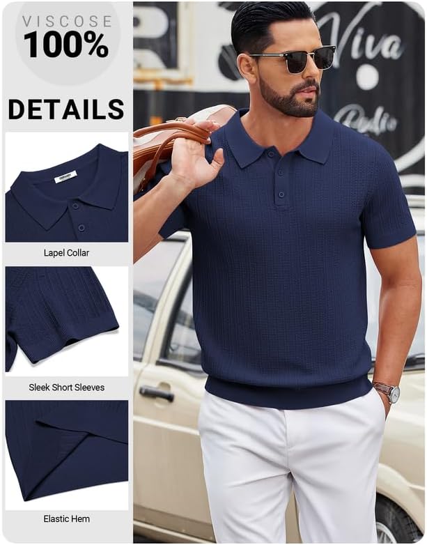 COOFANDY Mens Knit Polo Shirts Short Sleeve Slim Fit Textured Golf Polo Shirt Casual Summer Vacation T-Shirts - Image 5