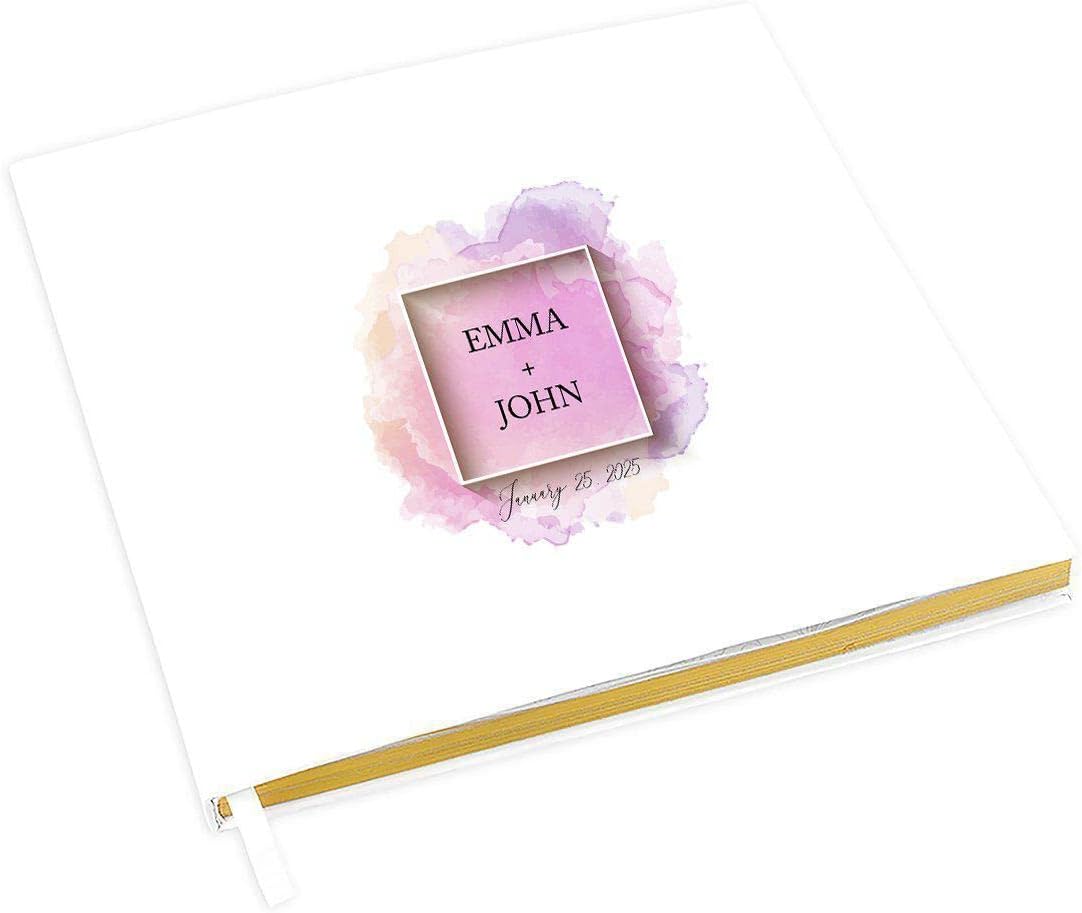 Andaz Press Personalized Wedding Guestbook with Gold Accents, Pink Purple Watercolor Wash White Guest Sign in Guest Registry 120 Pages 8.5 X 8.5 Memories Book for DIY, Scrapbook, Photo Album