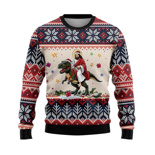 Jesus Dinosaur Sweaters for Women, Ugly Christmas Sweater Mens Winter Holiday Crew Neck Shirt Set 19 Size M