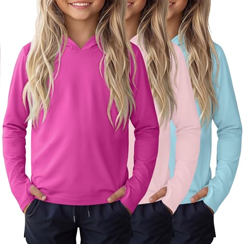 Image of 3 Pack Girls Sun Protection Swim Shirts UPF 50+ Long Sleeve Rash Guard Lightweight Quick Dry Hoodies with Thumbhole