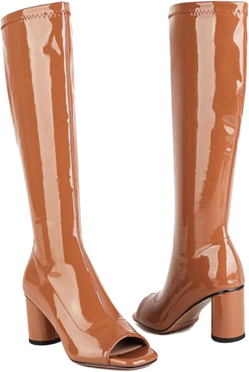 LEHOOR Women Chunky High Heel Knee High Boots Square Open Toe Sock Boots Zipper 3" Block Heels Elastic Mid Calf Combat Boots Peep Toe Patent Leather Stretch Dress Boots Wedding Party Sexy 4-13 M US