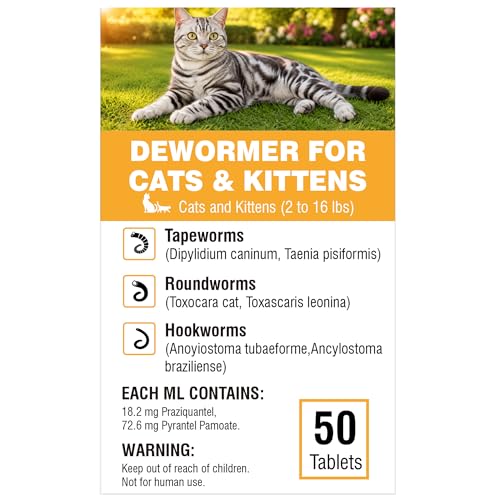 De-Wormer for Cats and Kittens – Pyrantel Pamoate & Praziquantel for Cats 2–16 lbs, Treats Tapeworms, Roundworms & Hookworms, 50 Tablets