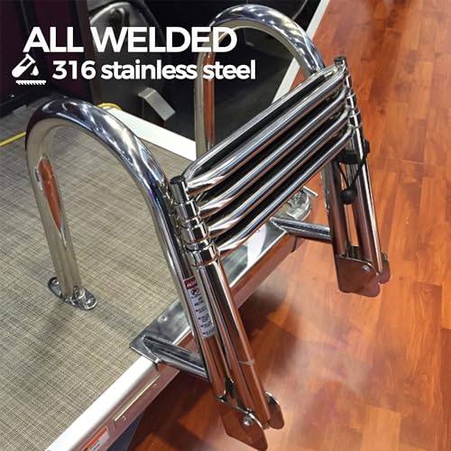 Mojiate 4 Step Pontoon Boat Ladder, Stainless Steel Telescoping Folding Deck Ladder,Rear Entry Heavy Duty Swim with Pedal and Handrails.
