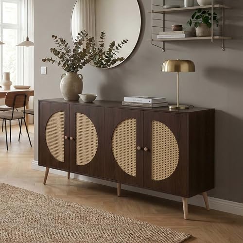 Mendler Sideboard HWC-P49AM, Schrank Kommode mit Türen Anrichte Staufächer, Poly-Rattan MDF Melamin 80x160x40cm - Walnuss-Optik