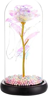Flores artificiales, regalo de rosa navideño para ella, colorida rosa artificial en cúpula de vidrio con cuerda de luz LED en flores coloridas, regalos de cumpleaños de regalos para mujeres, regalo