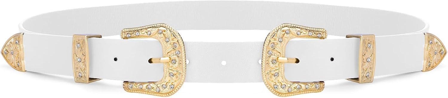 WHIPPY Vintage Western Leather Belt for Women Double Buckle Retro Cowgirl Waist Belts for Jeans Pants Dresses