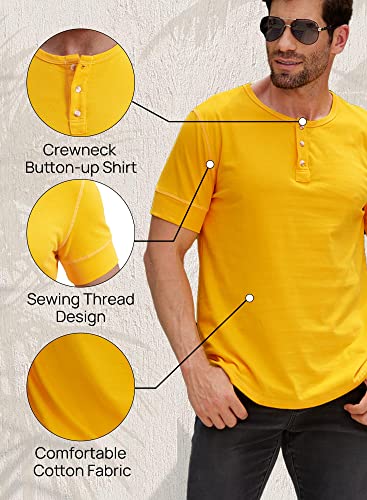 Mainfini Mens Short Sleeve Summer Shirt Fashion Crew Neck Vacation Henley Soft Tennis Henley Yellow L #TOP4