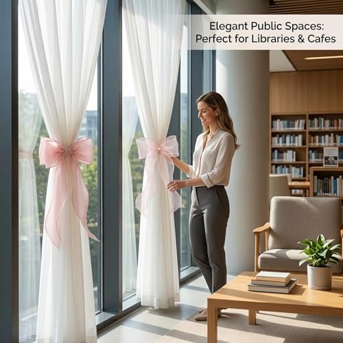 4PCS 12inch Bow Curtain Tiebacks,Lace Curtain Tiebacks with Pink Mermaid Bow Ties and Sheer Pink Tulle, Elegant Window Treatment Accessories for Home Decor - Thumbnail 6