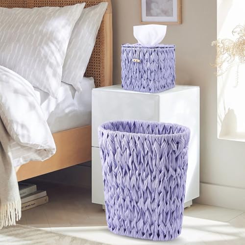 Image of Wicker Trash Can and Square Tissue Box Cover, 4 Gallon Water Hyacinth Bathroom Trash Can, Handwoven Napkin Holder,Narrow Small Waste Basket,Rustic Decorative Home Set for Bedroom,Office (Light Purple)