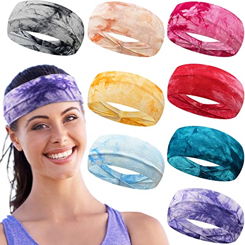 Yxiang Headbands for Women, 8 Pack Tie Dye Headbands Elastic Workout Hair Band Non Slip Stretchy Sweat Band Thin Fitness Hairband for Women Exercise Running Yoga