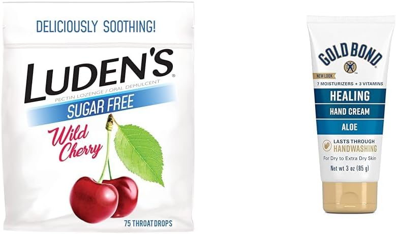 Ludens Wild Cherry Sugar Free Throat Drops, 75 Count & Gold Bond Healing Hand Cream with Aloe, 3 oz Moisturizing Skin Care Bundle