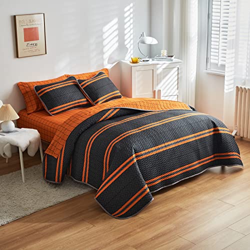 Flysheep Modern Boho Quilt Set King, 3 Pcs Bright Orange Striped On Black Bedspread, Soft Microfiber Coverlet For All Season - 1 Quilt And 2 Pillow Shams #TOP7