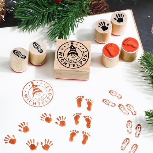 BOOMTOP 7Pcs Weihnachten Stempel Wichtelpost Holz Rund Holzstempelset Christmas Fußabdrücke Handabdrücke Weihnachtsstempel Klein Motivstempel für Kartenbasteln Scrapbooking Geschenkpapier