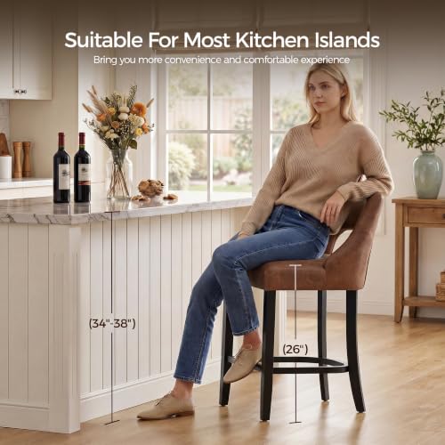 Image of UVV Bar Stools Set of 6, Modern Upholstered Counter Height Bar Stools, Faux Leather Counter Stools BarStools with Wood Legs for Kitchen Island Dining Room Bar, Brown