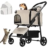 Joyfultails 分離型 ペットカート 折りたたみ 3way 多機能 対面式 猫犬兼用 ペットバギー キャリー コンパクト 軽量 耐荷重15KG 犬用ベビーカー 前輪360°回転 後輪ブレーキ付き ドッグカート お出かけ 散歩 通院 介護用 組み立て簡単（エクリュ）