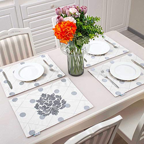 Hwy 50 Grey Gray Placemats Place Mats Set Of 4, For Kitchen Indoor Dining Room Table, Linen Cloth Fabric Heat Resistant Embroidered Small Circle Floral Placemats 13X18 Inches #TOP4