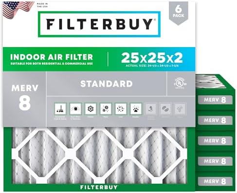 Filterbuy 25x25x2 Air Filter MERV 8 Dust & Allergy Defense (6-Pack)