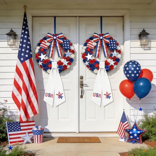 2 Pcs 4th of July Wreath Sash Stripes Stars for Front Door Embroidery Ribbon Sash Independence Day Patriotic for Yard Porch Doorway Decor Outdoor Party Decoration by QIONG MENG - Used condition - Image 2