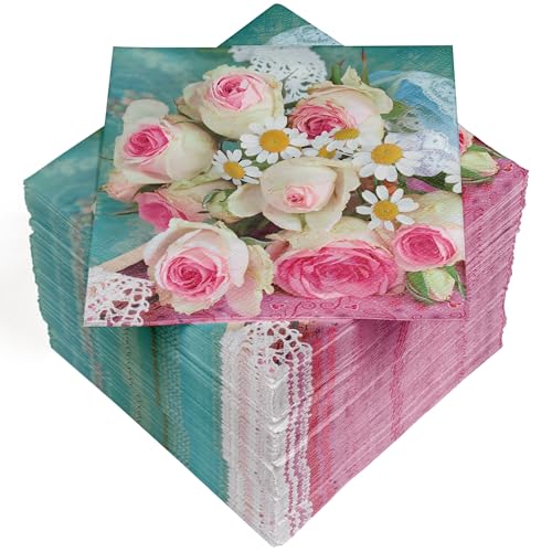 HEKU 100 Servietten, 3-lagig, 33x33cm, Rosenstrauß I Saugstark und praktisch verpackt I Ideal für besondere Anlässe