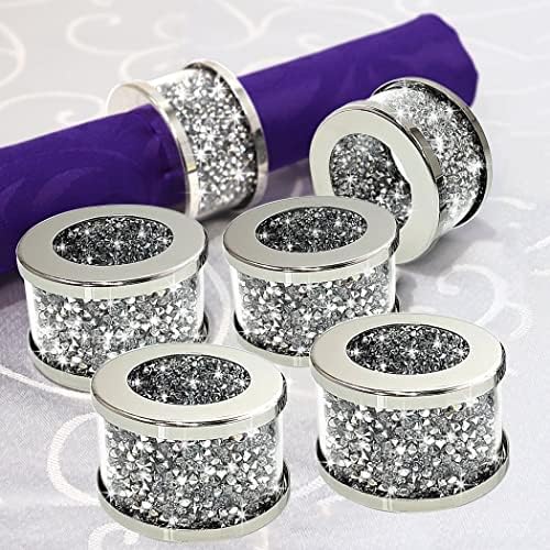 STYLISHIA Silver Diamond Glass Napkin Holder Stainless Steel Framed Crystal Silver Napkin Rings Set of 6 Pieces, Glam Serviette Buckles Cloth Holder Bling Crushed Diamond Table Settings Home Decor