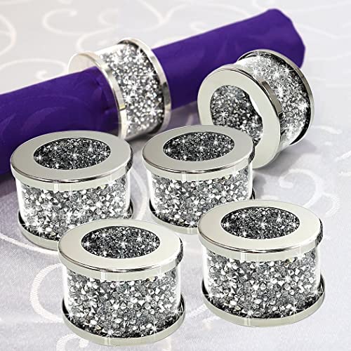 STYLISHIA Juego de 6 servilleteros de cristal de diamante plateado con marco de acero inoxidable y cristal, juego de 6 servilleteros glamurosos, soporte de tela, decoración del hogar