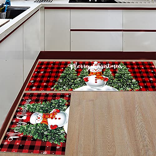 2 Piece Snowman Kitchen Rug Set Merry Christmas Indoor Floor Mats For Winter, Xmas Door Mat Runner Rug Carpet Mat For Kitchen Home Decor (15.7" X 23.6"+15.7" X 47.2") - Red Black Buffalo Check Plaid #TOP2
